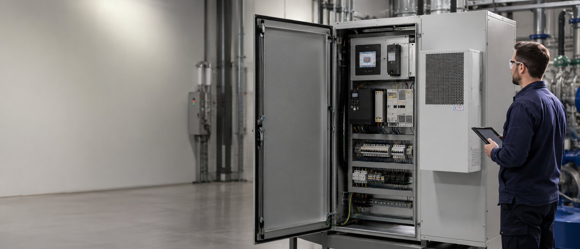 A VoltAire enclosure air conditioner mounted on an industrial electrical cabinet in a plant environment