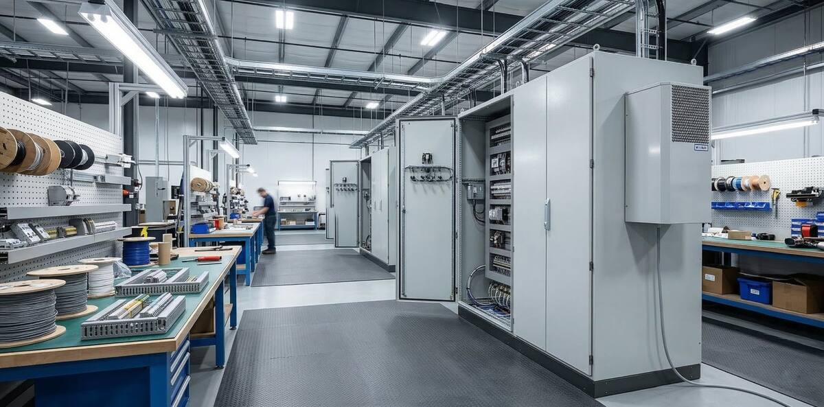 UL 508A panel shop floor with control enclosures in assembly